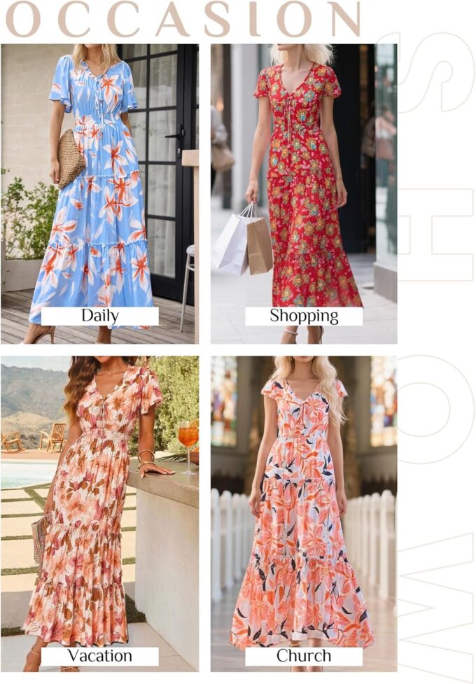 KIRUNDO Womens Summer Boho Floral Maxi Dress Flutter Short Sleeve V Neck Ruffle Tiered Flowy Beach Wedding Guest Dresses – Bild 6