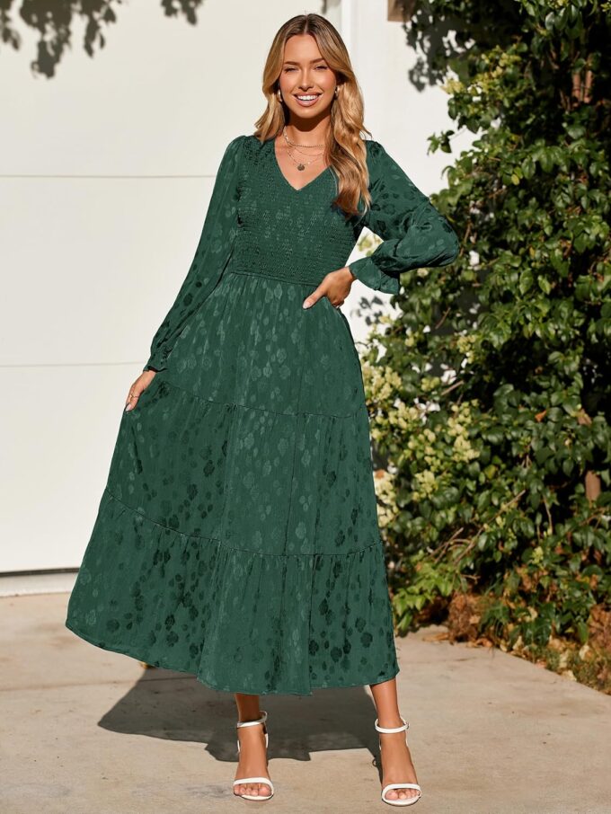 Simplee Womens Long Sleeve Smocked Maxi Dress Tiered V Neck Flowy Fall Wedding Guest Long Dresses with Pockets – Bild 2
