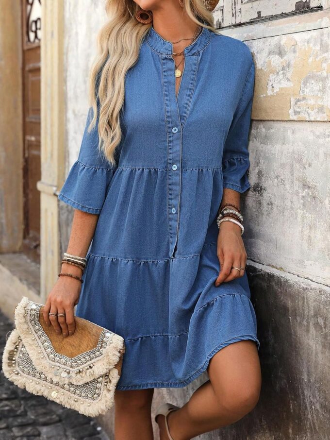 Women's Casual Denim Dress Tiered Ruffle A Line Button Down Summer Jean Dresses with 3/4 Flared Sleeves – Bild 3