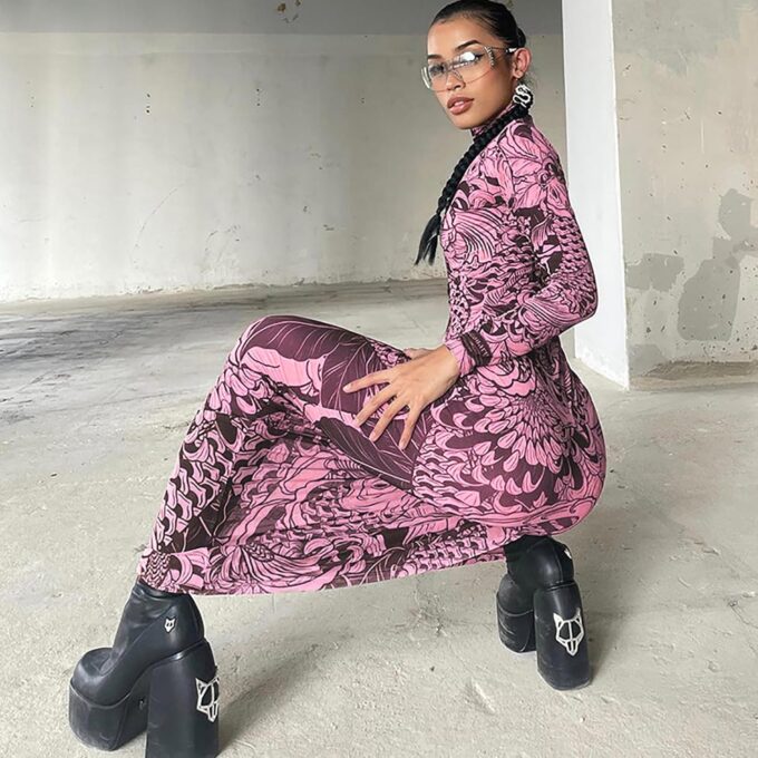 acelyn Women Sexy Mesh Maxi Dress Summer Long Sleeve Printed Ruched Bodycon Long Dress 2025 Y2K Formal Wedding Guest Dresses – Bild 3