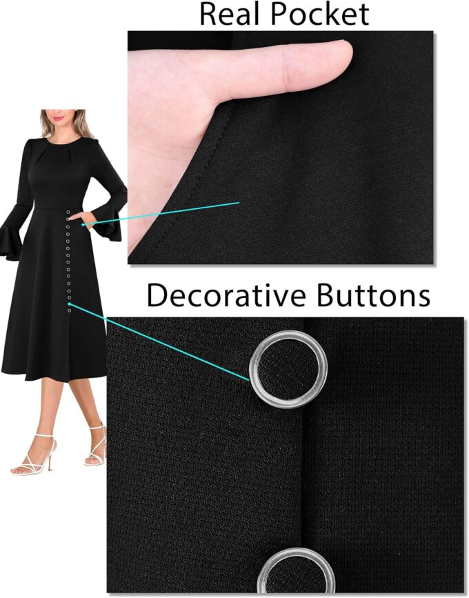 VFSHOW Damen-Kleid, plissiert, Rundhalsausschnitt, Glockenärmel, Taschen, Schlitzknöpfe, Business, Arbeit, Büro, schmale Passform und ausgestelltes A-Linien-Kleid – Bild 6