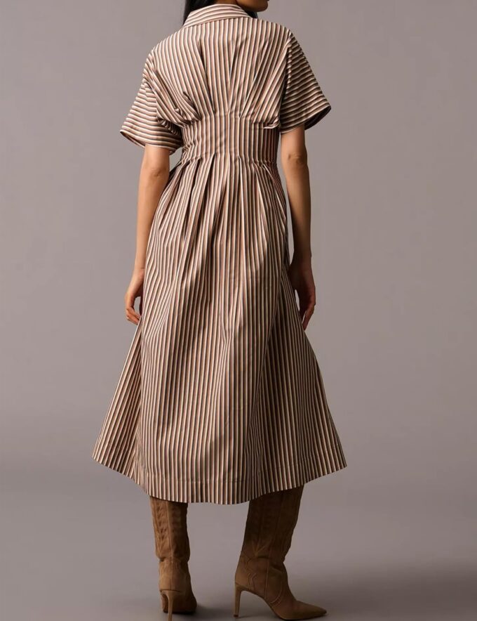 Women Casual Striped Button Down Pleated Shirt Maxi Dress Summer Lapel V Neck Short Sleeve Empire Waist Long Dress – Bild 4