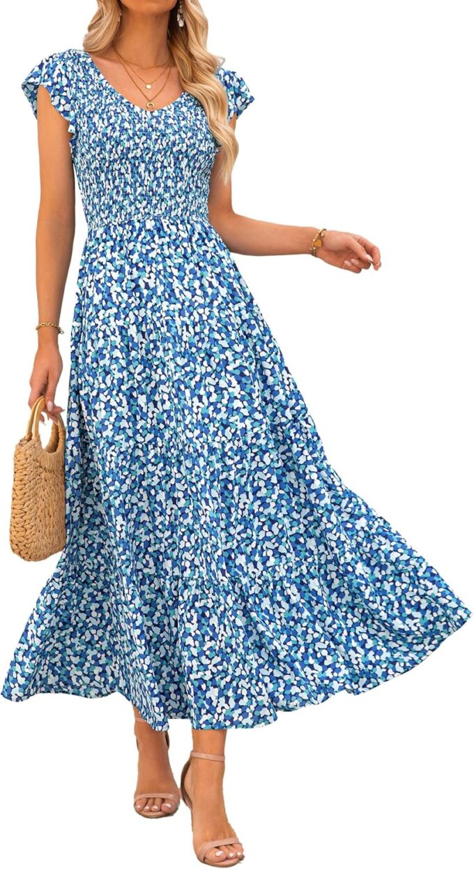 MASCOMODA Womens Summer Maxi Dress Casual V Neck Cap Sleeve Smocked Dresses Ruffle Tiered Beach Party Long Flowy Sundresses