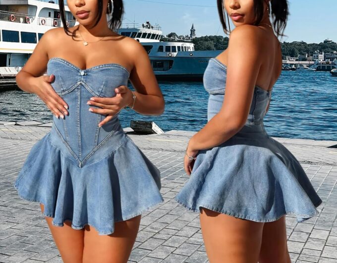 Famnbro Womens Denim Dress Strapless Off Shoulder Sexy Backless Tube Mini Jean Corset Dresses Clubwear – Bild 2