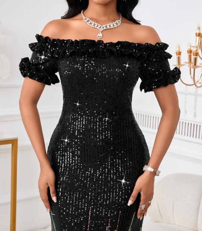 Women Sexy Sequin Off Shoulder Ruffle Short Sleeve Bodycon Mermaid Party Formal Evening Maxi Dress – Bild 4