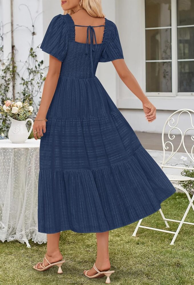 MEROKEETY Women's 2025 Summer Flowy Midi Maxi Dress Short Sleeve Square Neck Smocked Tiered Ruffle Boho Dresses with Pockets – Bild 3