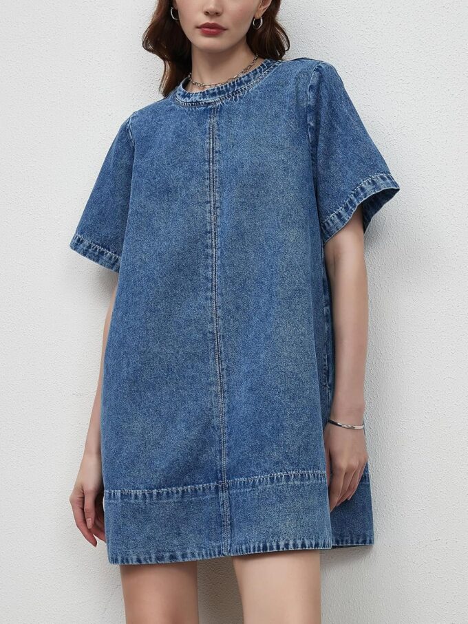 LifeShe Denim Dress for Women Summer Casual Short Sleeve Chambray Mini Jean Dresses with Pockets – Bild 2