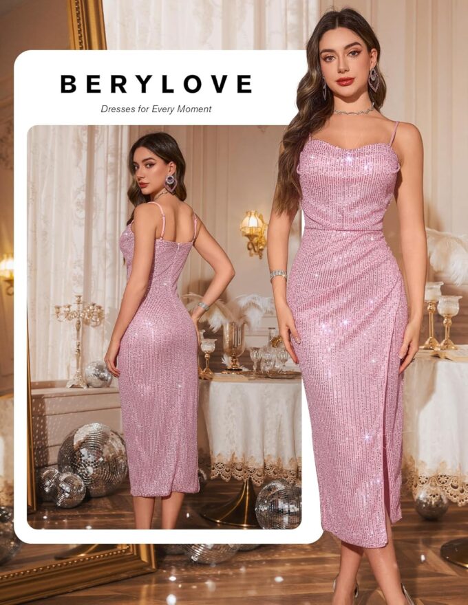 BeryLove Sequin Formal Cocktail Spaghetti Strap Prom Wedding Guest Bodycon Dress – Bild 2