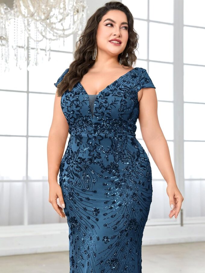 Plus Size Womens Sequined Long Evening Gown Glamous Sleeveless V-Neck Mermaid Prom Dress for Wedding Party – Bild 5