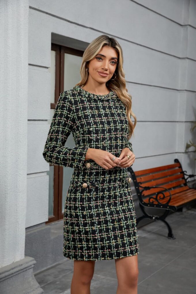 LifeShe Damen Langarm Tweed Minikleid Business Arbeit Kurzes Kleid Elegant Niedlich Partykleider – Bild 6
