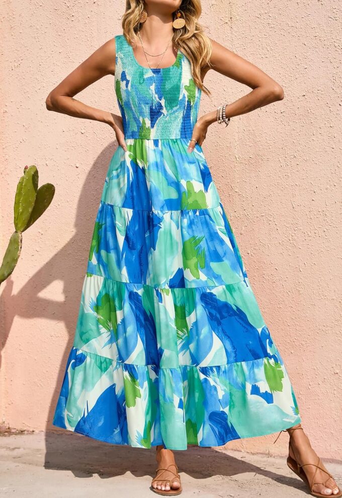 PRETTYGARDEN Smocked Tank Floral Maxi Dresses for Women 2025 Wedding Guest Dress Sleeveless Flowy Long Sundress with Pockets – Bild 3