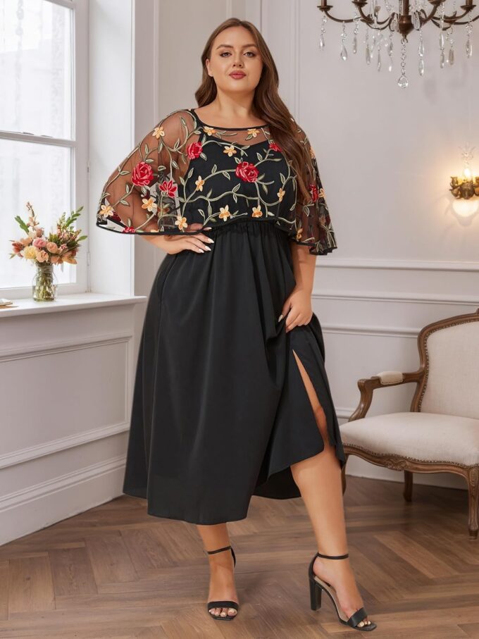 ZNU Women Plus Size Formal Party Wedding Guest Cocktail Dress 2025 - Floral Embroidered Shawl Evening Dress with Pockets – Bild 7