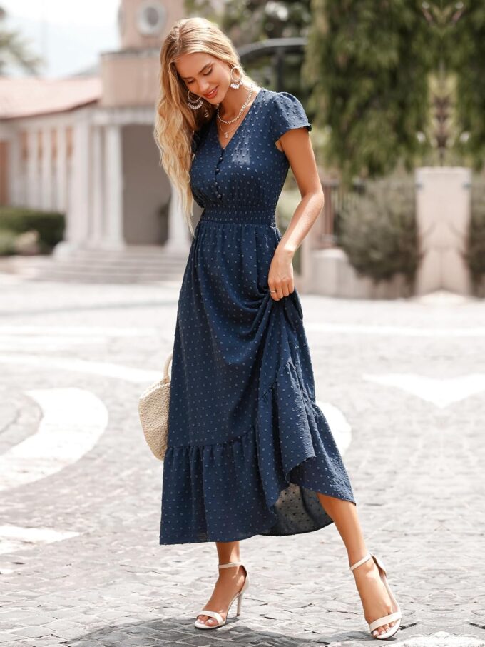 PRETTYGARDEN Womens Dresses 2025 Summer Maxi Dress Boho Short Sleeve V Neck Swiss Dot Ruffle Tiered Smocked Flowy Long Dress – Bild 4