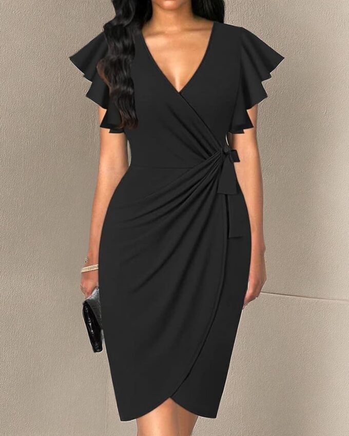 MinciLuxury Damen-Cocktailkleid 2024, Sommerkleid, Rüschenärmel, V-Ausschnitt, Party, Hochzeit, Gast, Wickelkleid – Bild 5