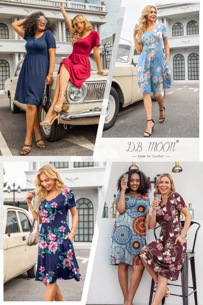 DB MOON Women Plus Size Dresses 2025 Summer Casual V Neck Short Sleeve Knee Length Dress with Pockets XL – Bild 5
