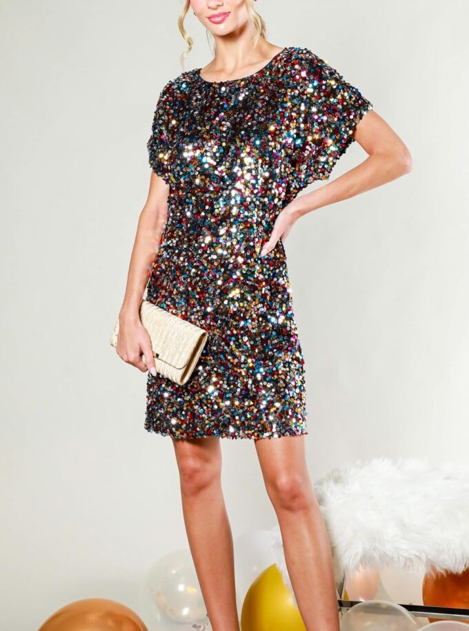 Women's Crewneck Sequin Shift Dress Short Sleeve Casual Holiday Sparkly Party Dress – Bild 3