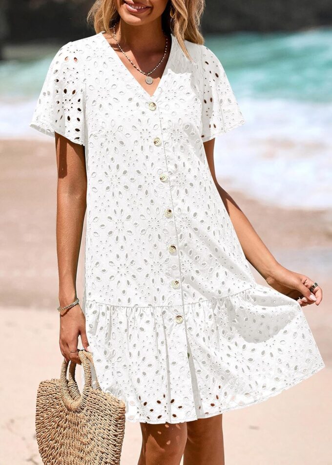 KIRUNDO Summer Dresses for Women 2025 Eyelet Button Down V Neck Short Sleeve Hollow Out A Line Loose Mini Babydoll Dress – Bild 6