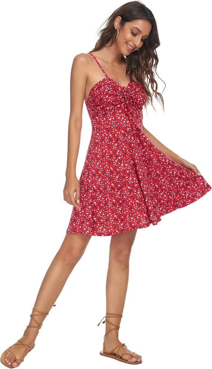 Missufe Spaghetti Strap Floral Mini Dress Women's Casual Ruched Front Drawstring Swing Sundress – Bild 6