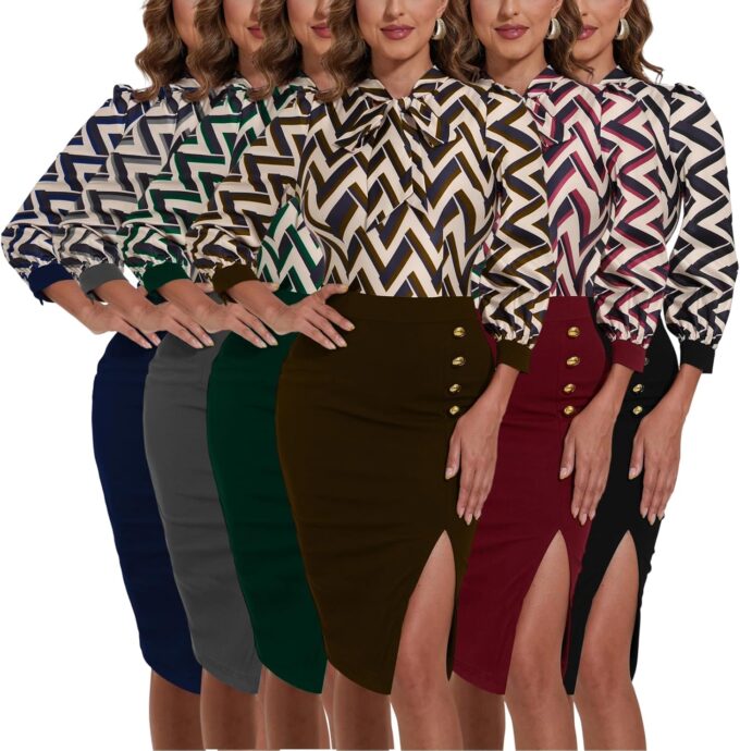KnoInt Damen Langarm Bodycon Midi Kleider Büro Arbeit Bleistiftkleid – Bild 8