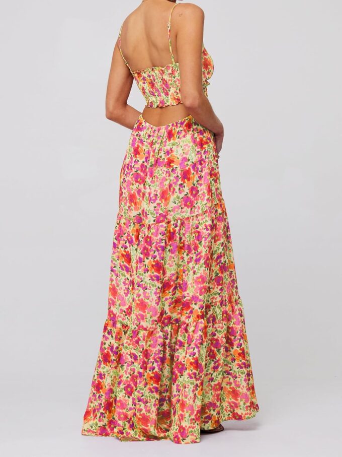 Women's Summer Floral Maxi Dresses Spaghetti Strap Sleeveless Cut Out Slip Dress Flowy Tie-Up Front Long Dress – Bild 3