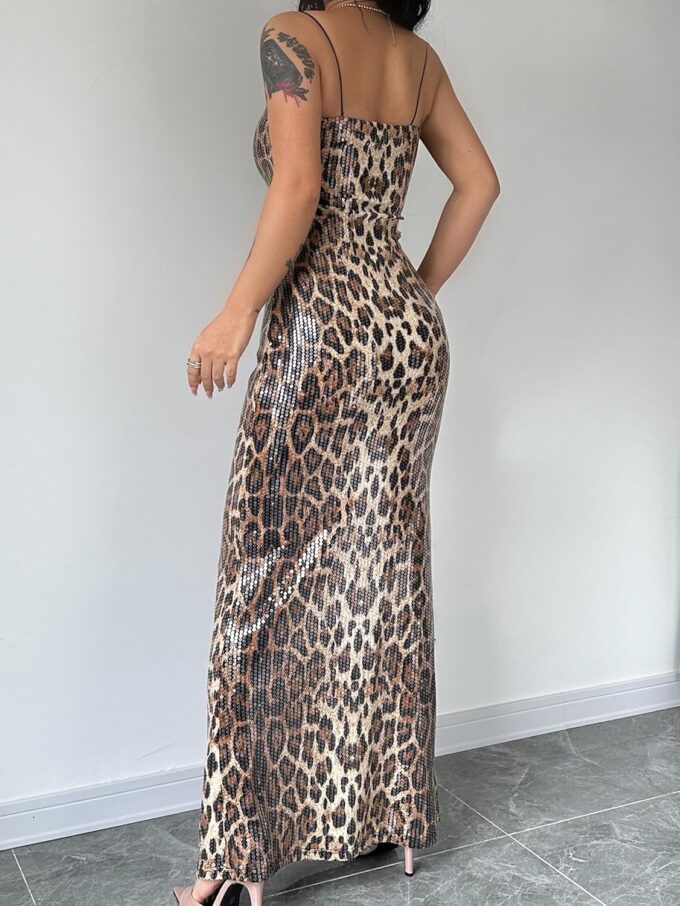 BOLLEY JOSS Women's Leopard Print Sequin Maxi Dress Glitter Sexy Bodycon Sleeveless Long Dress – Bild 5