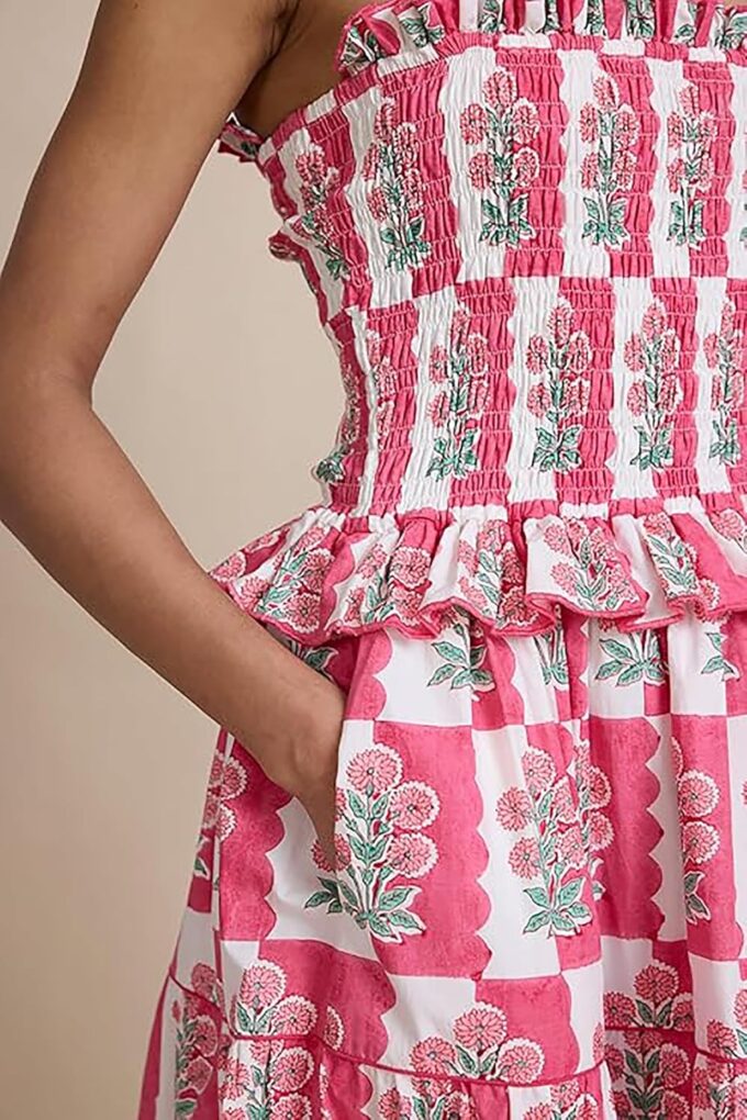 Women Summer Smocked Flowy Dress Spaghetti Strap Square Neck Floral Dress Ruffle Patchwork Boho A Line Midi Sun Dress – Bild 3