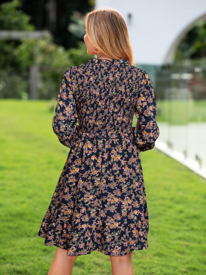 Womens 2025 Long Sleeve Babydoll Mini Dress Smocked Chiffon Floral Fall Flowy Casual Short Dresses with Pockets – Bild 4