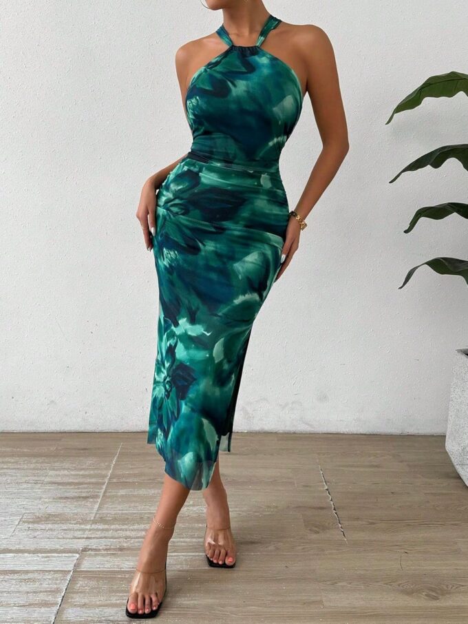 Women's Summer Printed Midi Halter Dress Tie Dye Bodycon Ruched Side Slit Mesh Layered – Bild 7