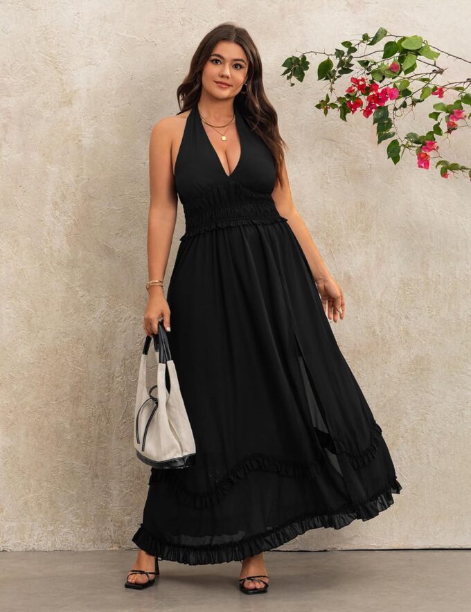 Women's Summer Sundress Sleeveless Halter V Neck Boho Floral Maxi Dress Elastic Waist Ruffle Spring Vacation Outfits – Bild 8
