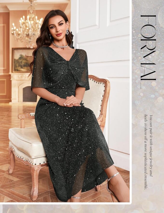 BeryLove Women Sequin Formal Party Dress Cocktail Evening Gown Wedding Dresses with Shawl – Bild 5