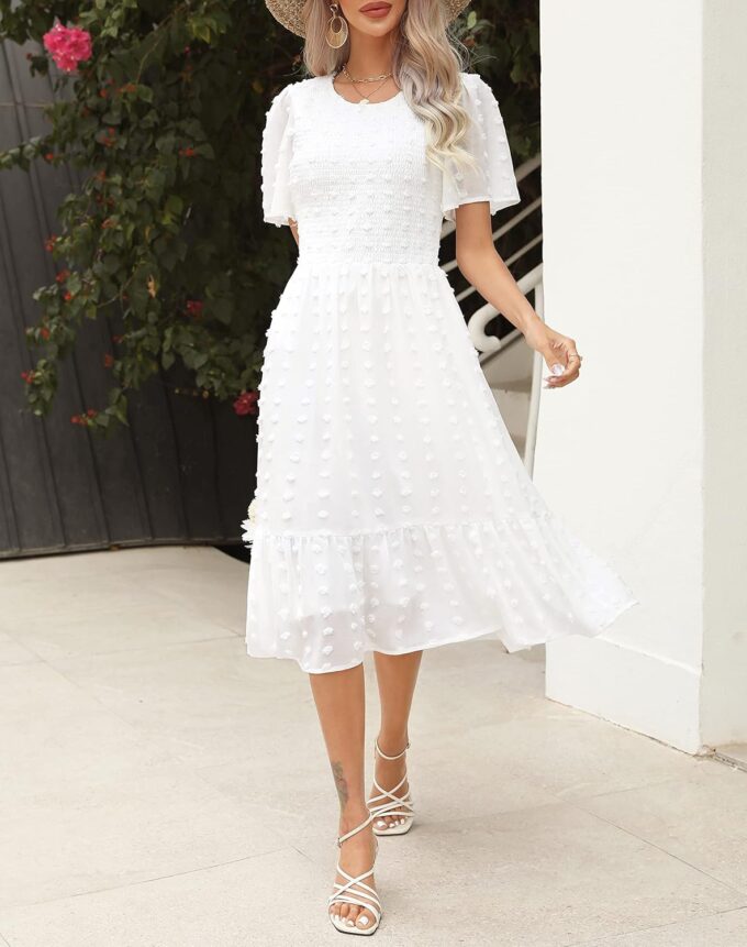 Kranda Women 2025 Summer Spring Round Neck Flutter Short Sleeve Casual Swing Flowy Ruffle Smocked Swiss Dot Midi Dress – Bild 2