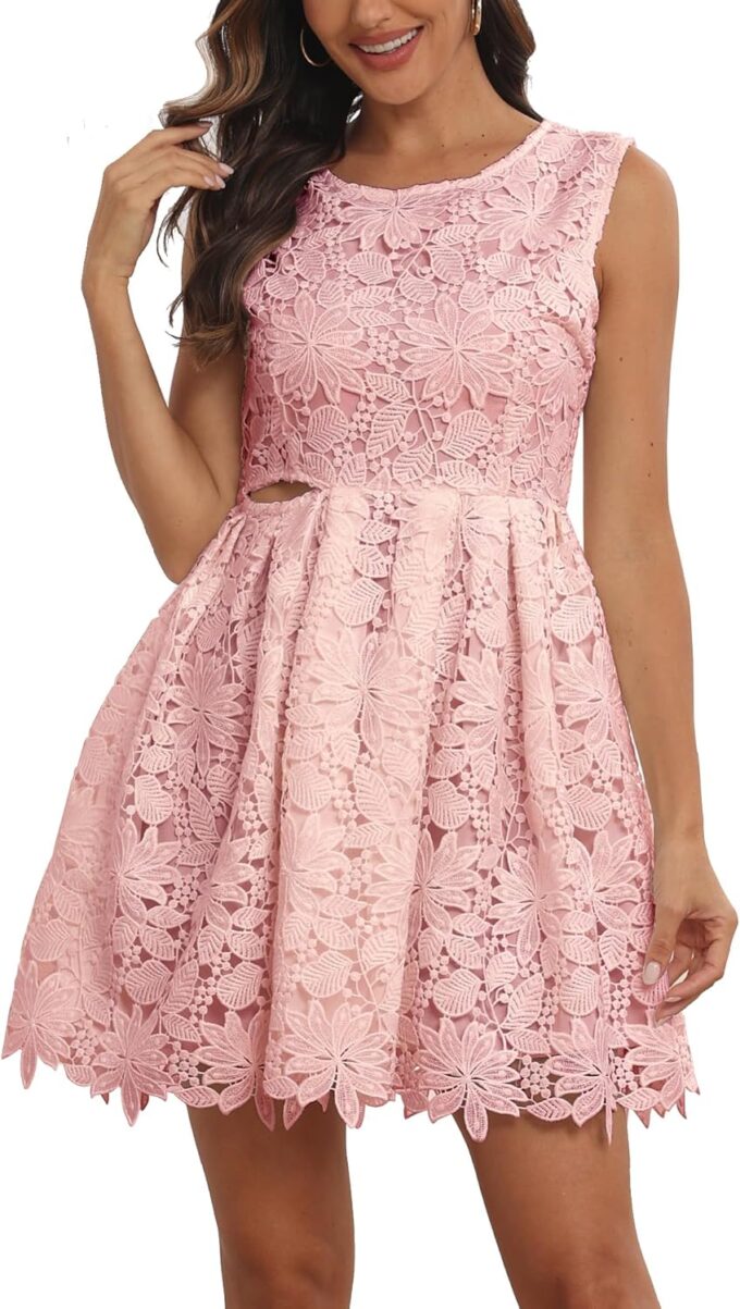 iceKiss Elegant Women's Sleeveless Lace Trimmings Floral Pattern Mini Dress - Perfect for Special Occasions