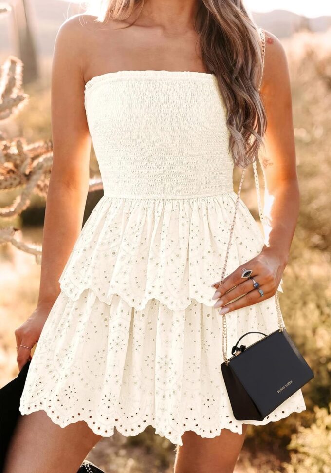 BTFBM Summer Dresses for Women 2025 Tube Strapless Mini Hollow Out Lace Wedding Guest Dress – Bild 7