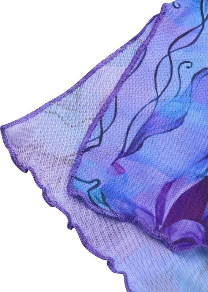 Women’s Floral Tie Dye Sheer Mesh Mini Dress Sexy Mock Neck Split Bodycon Flared Long Sleeve Beach Party Dress – Bild 7