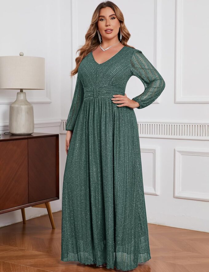 ZOMVA Plus Size Maxi Formal Dress Sparkly V-Neck A-line Ruffle Sleeves Evening Gown Cocktail Prom Glitter – Bild 4