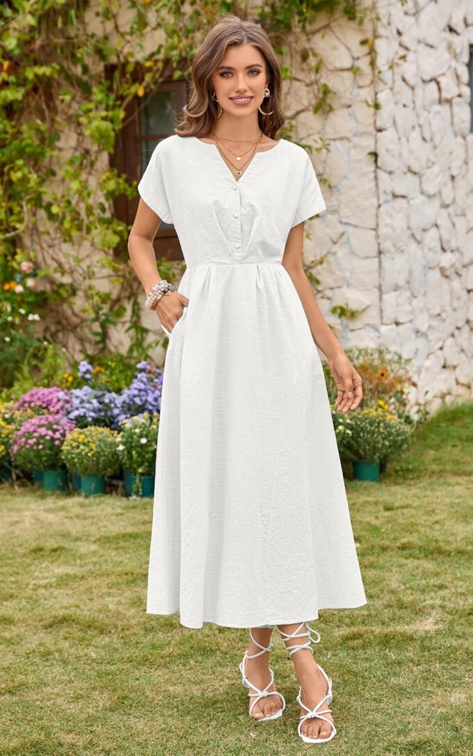 ECOWISH Women Cotton Midi Dress: 2025 Button V Neck Casual Summer Dresses Short Sleeve A-Line Shirt Long Dress with Pockets – Bild 8
