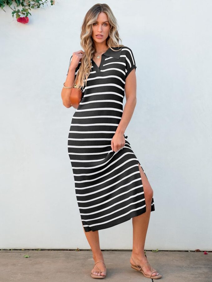 ANRABESS Women's Summer Striped Midi Dress 2025 Casual Short Sleeve V Neck Loose Knitted Side Slit Long Beach Dresses – Bild 7