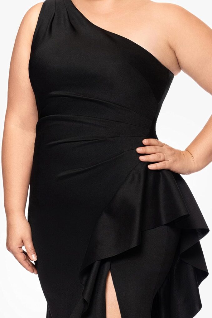 Xscape Women's Plus One Shoulder Ruffle Bodice Floor Length Side Slit Evening Dress – Bild 4