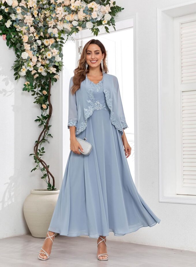 Women's 2 Piece Chiffon Mother of The Bride Dresses with Jackets for Wddding Ankle Length Lace Formal Dress – Bild 2