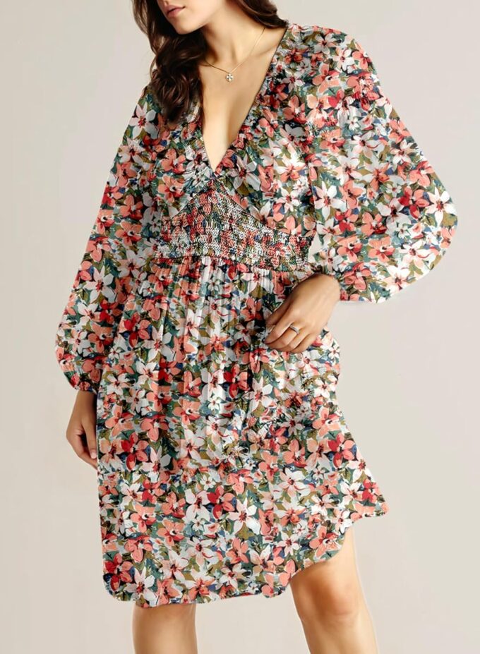 Dokotoo Womens Dresses 2025 Boho Floral V Neck Long Sleeve Smocked Elastic Waist Casual A-Line Swing Mini Dress Sundress – Bild 3