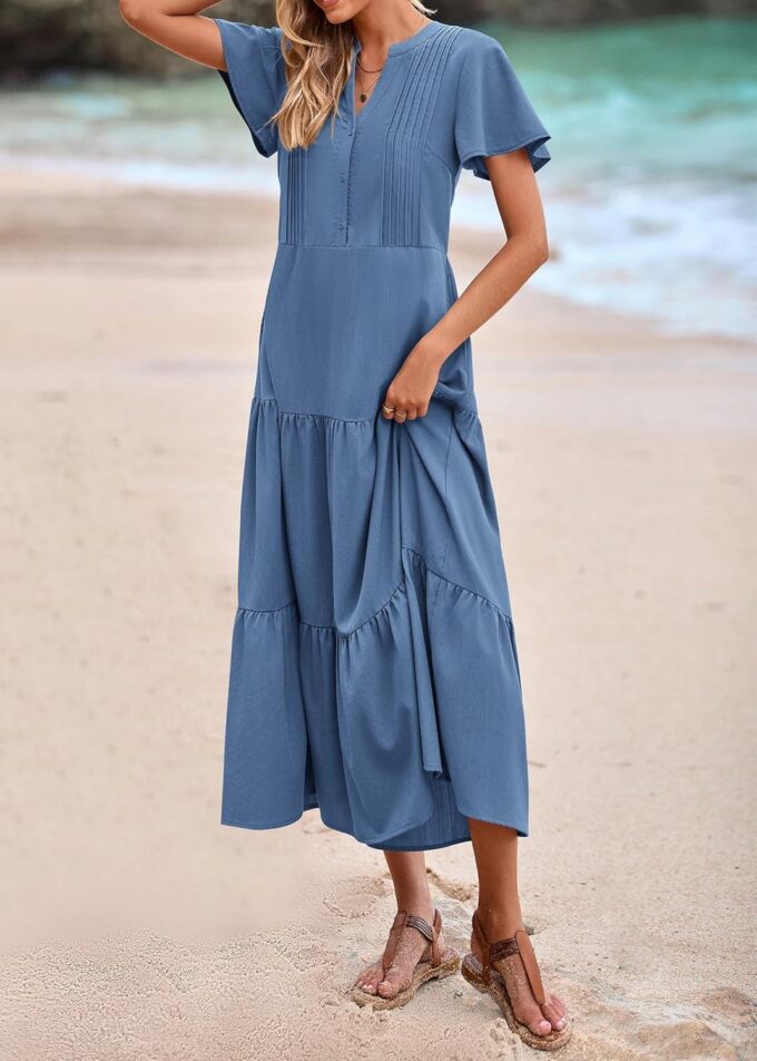 KIRUNDO Summer Maxi Dresses for Women 2025 Spring Fashion Short Sleeve Button V Neck Pleated Loose Tiered Swing Flowy Dress – Bild 8