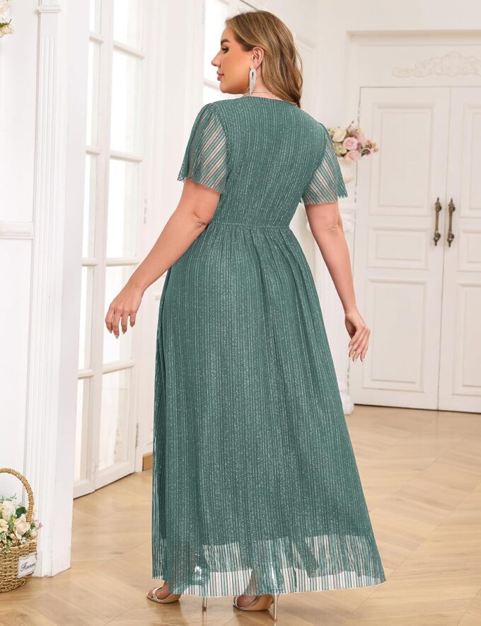 ZOMVA Plus Size Maxi Formal Dress Sparkly V-Neck A-line Ruffle Sleeves Evening Gown Cocktail Prom Glitter – Bild 7