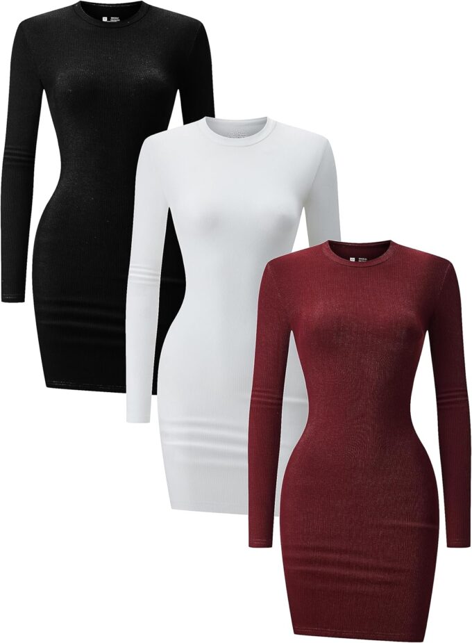 3 Pack Long Sleeve Dress for Women Turtleneck Crew Neck Slim Fit Fall Dresses Bodycon Mini Short Dresses
