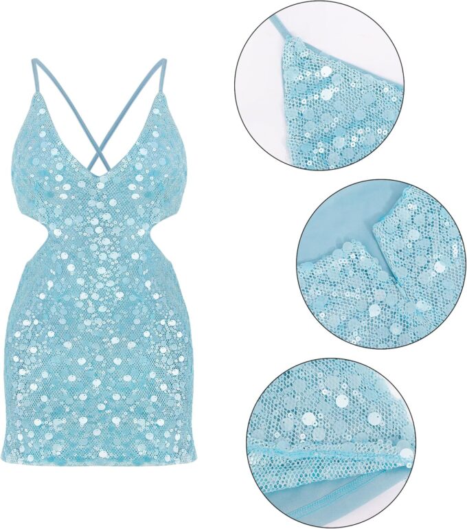 Mocure Women Glitter Sequin Halter Dress Beaded Sexy Sheath Butterfly Sequin Mini Dress Party – Bild 7