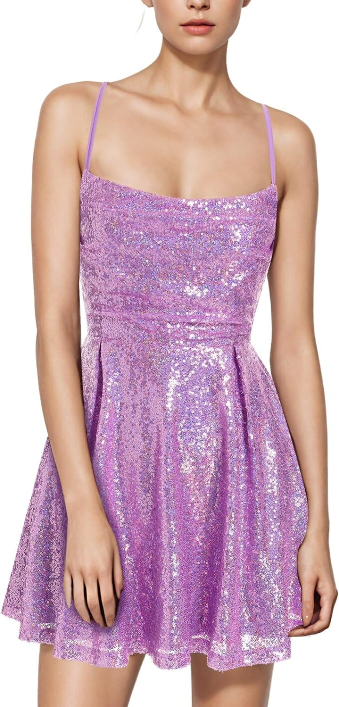 ODIZLI Women's Sexy Sparkle Sequins Glitters Tie Back Ruffle Mini Dress Homecoming Prom Dress