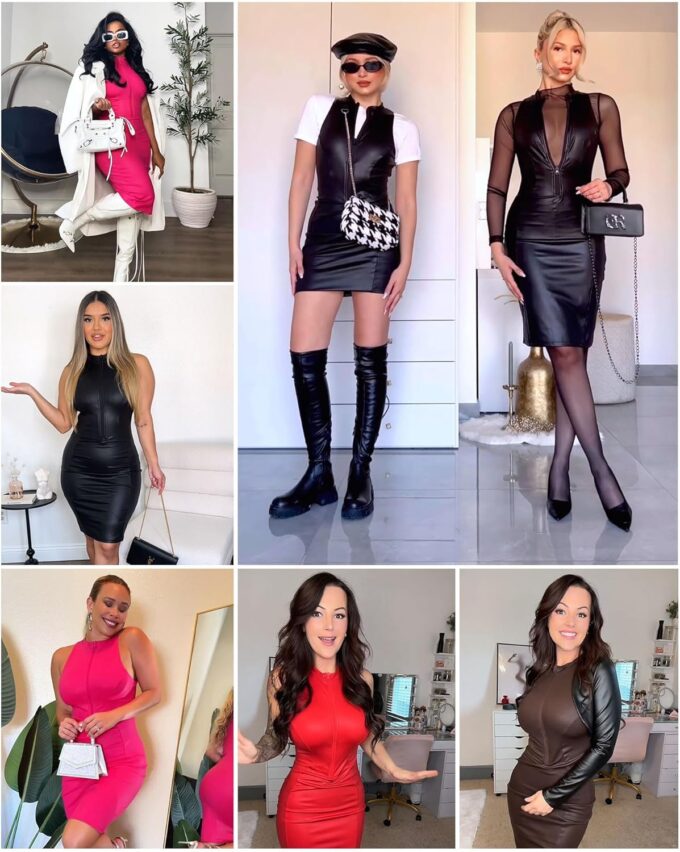 Popilush Faux Leather Dress for Women - Midi V Neck Dresses Shapewear Body con Dress Women - Date Night Outfit – Bild 2
