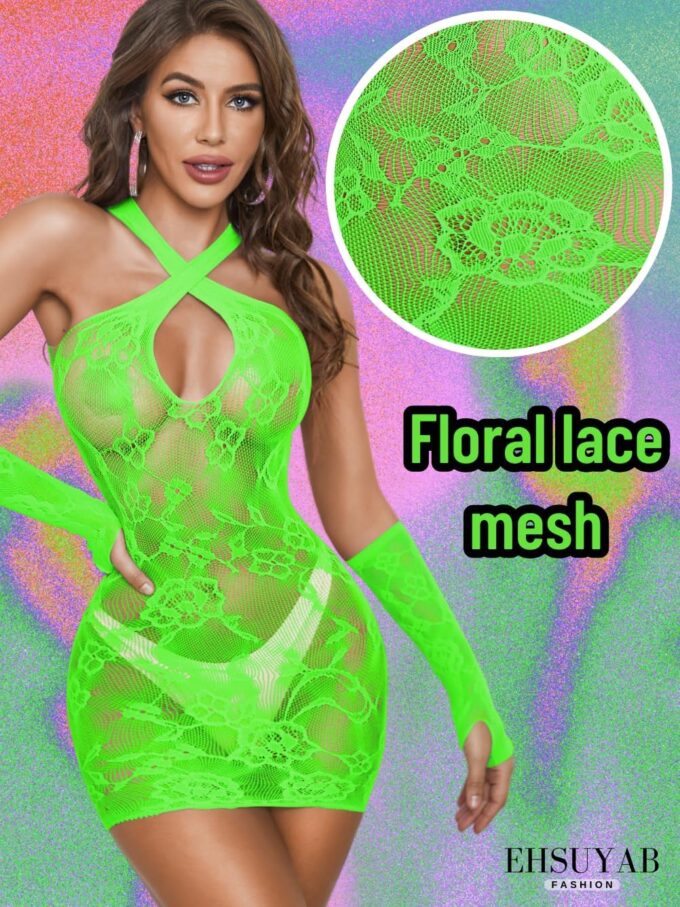 Club Outfit, Criss Cross Halter, Gloves, Sexy Fishnet Bodycon Dress – Bild 4