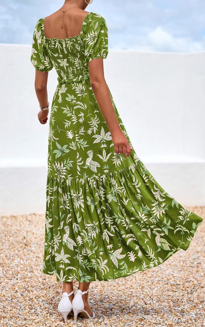 PRETTYGARDEN Womens Summer Dresses 2025 Casual Boho Floral Puff Short Sleeve Flowy Maxi Dress Smocked V Neck Sun Dresses – Bild 5