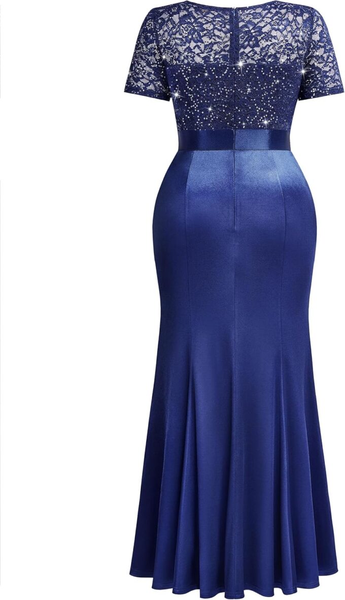 Miusol Women's Plus Size Lace Contrasted Satin Ruffled Trim Mermaid Hem Sequin Maxi Evening Dress – Bild 6