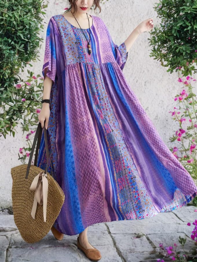 Women Summer Dress with Pockets Plus Size Boho Floral Print Round Neck Loose Casual Purple Flowy Dress – Bild 7